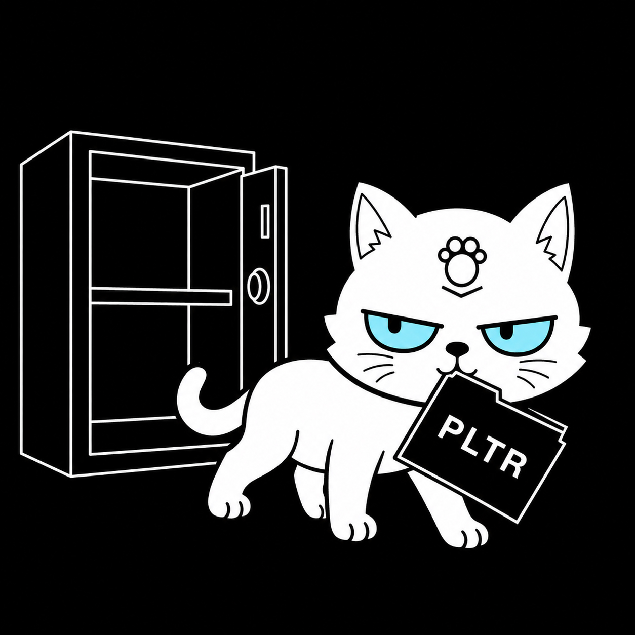 Pawlantir carries a PLTR token out of an open vault.