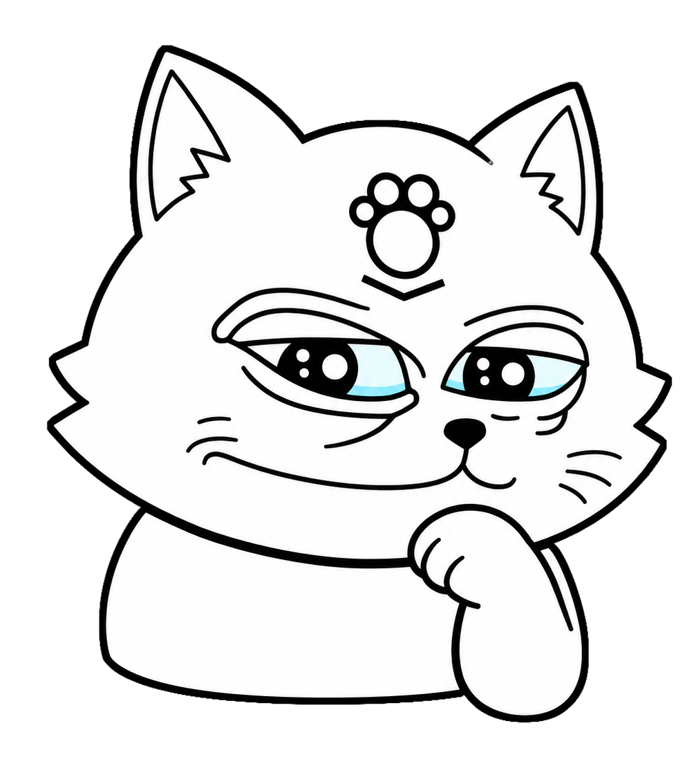 Pawlantir cat in a thinking Pepe pose, paw on chin.